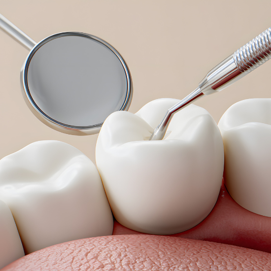 Close-up image of a dental mirror and a metal dental instrument positioned against a tooth inside a mouth, showing teeth and gums in a clinical setting.